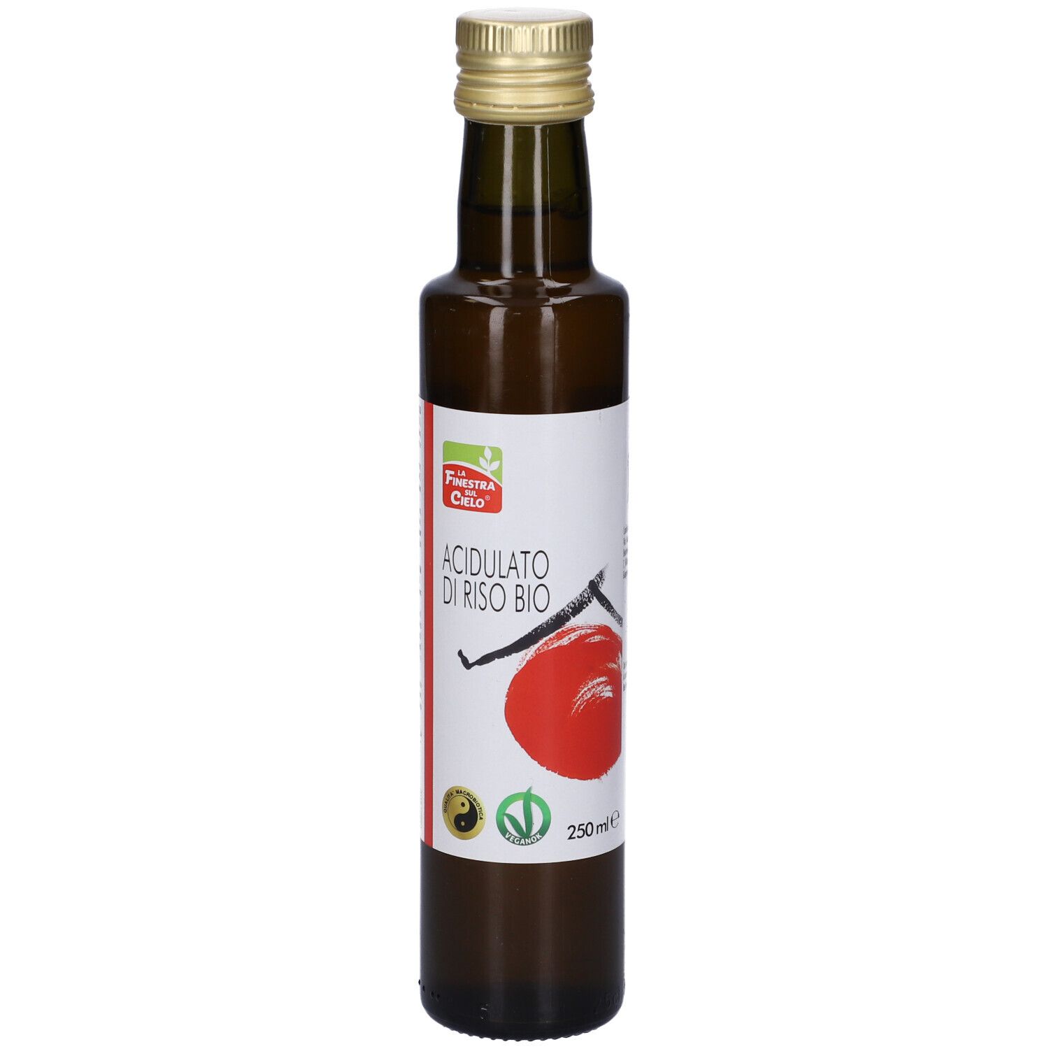 Bottiglia di vetro marrone con tappo dorato. Etichetta con nome del prodotto e cerchio rosso.