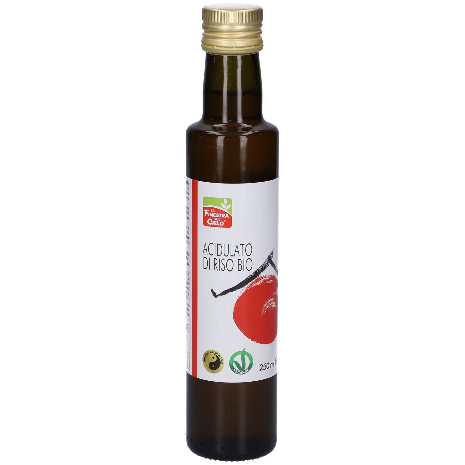 Bottiglia di vetro marrone con tappo dorato. Etichetta con nome del prodotto e cerchio rosso.