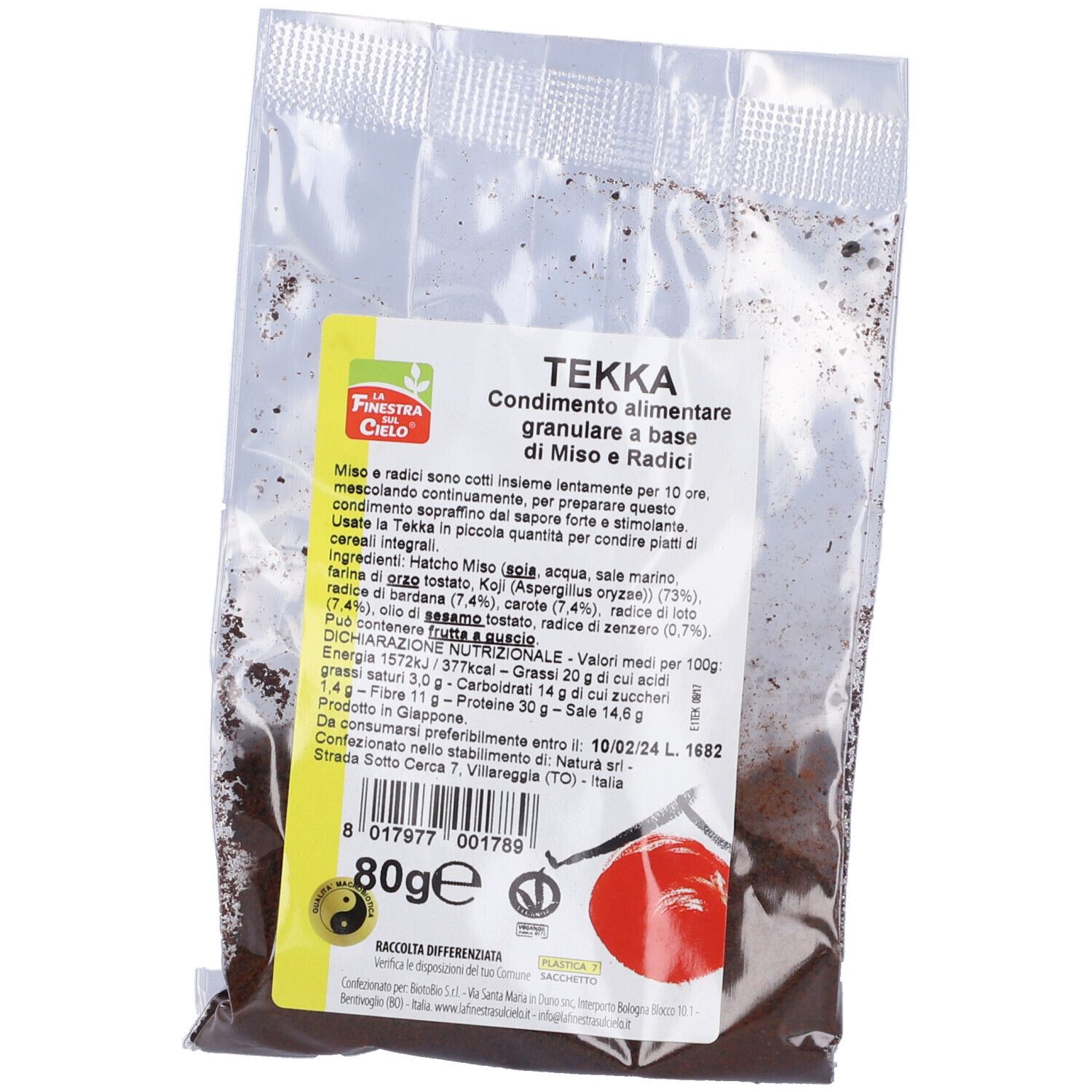 Prodotto in confezione trasparente. Scritta: Tekka Condimento alimentare granulare a base di Miso e Radici. Etichetta con ingredienti.