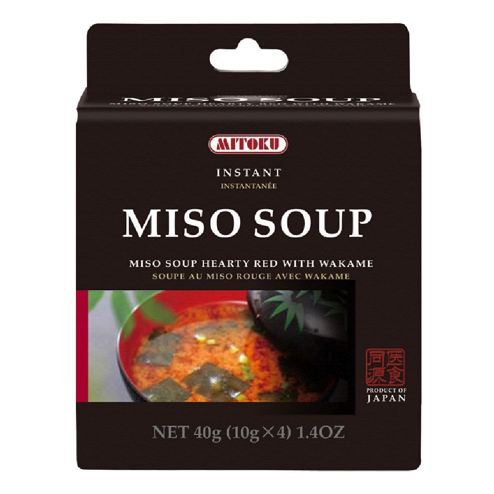 Scatola nera di zuppa di miso. Scritta: MITOKU, MISO SOUP, 40g. Prodotto dal Giappone. Immagine della zuppa.