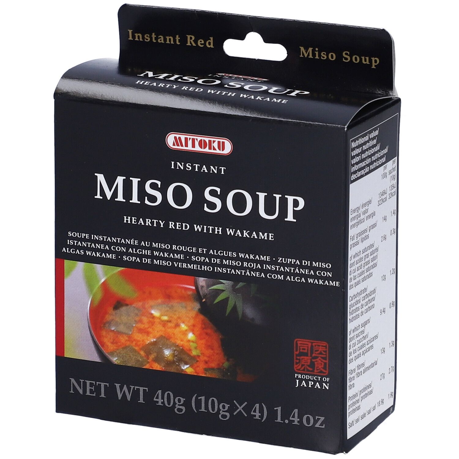 Scatola nera di zuppa di miso. Scritta: MITOKU, MISO SOUP, 40g. Prodotto dal Giappone. Scatola in diagonale.