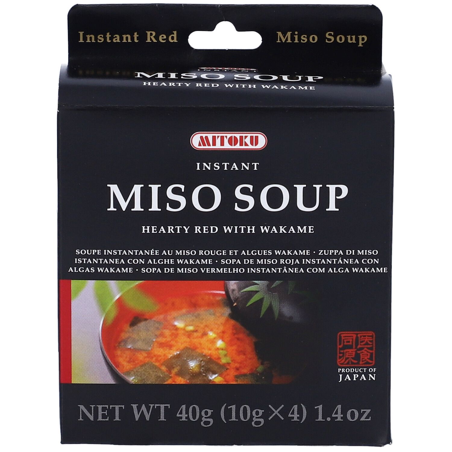 Scatola nera di zuppa di miso. Scritta: MITOKU, MISO SOUP, 40g. Prodotto dal Giappone. Immagine della zuppa.