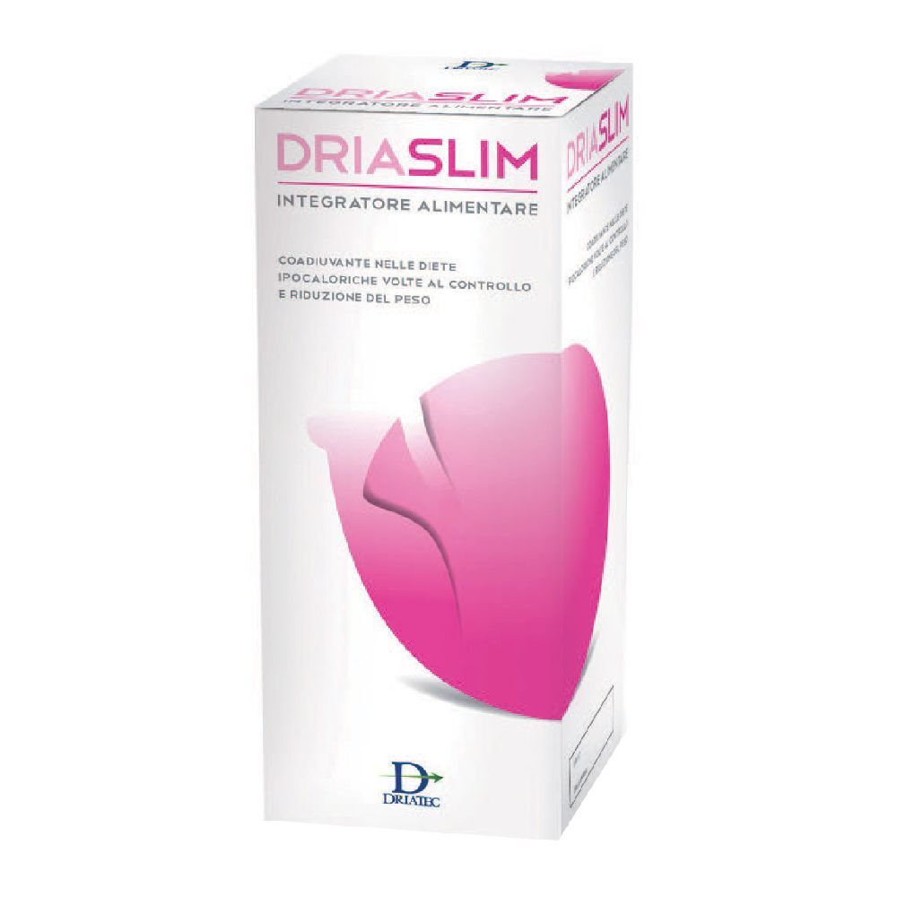 Scatola bianca con grafica rosa e scritta DRIASLIM. Testo: Integratore Alimentare.