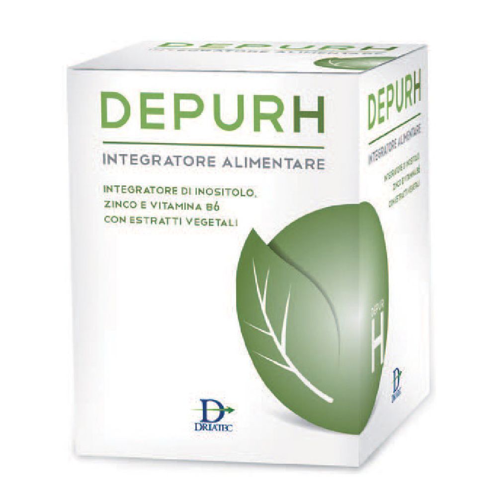 Scatola bianca con design a foglia verde. Scritta: DEPURH, Integratore Alimentare. Contiene Inositolo, Zinco, Vitamina B6.