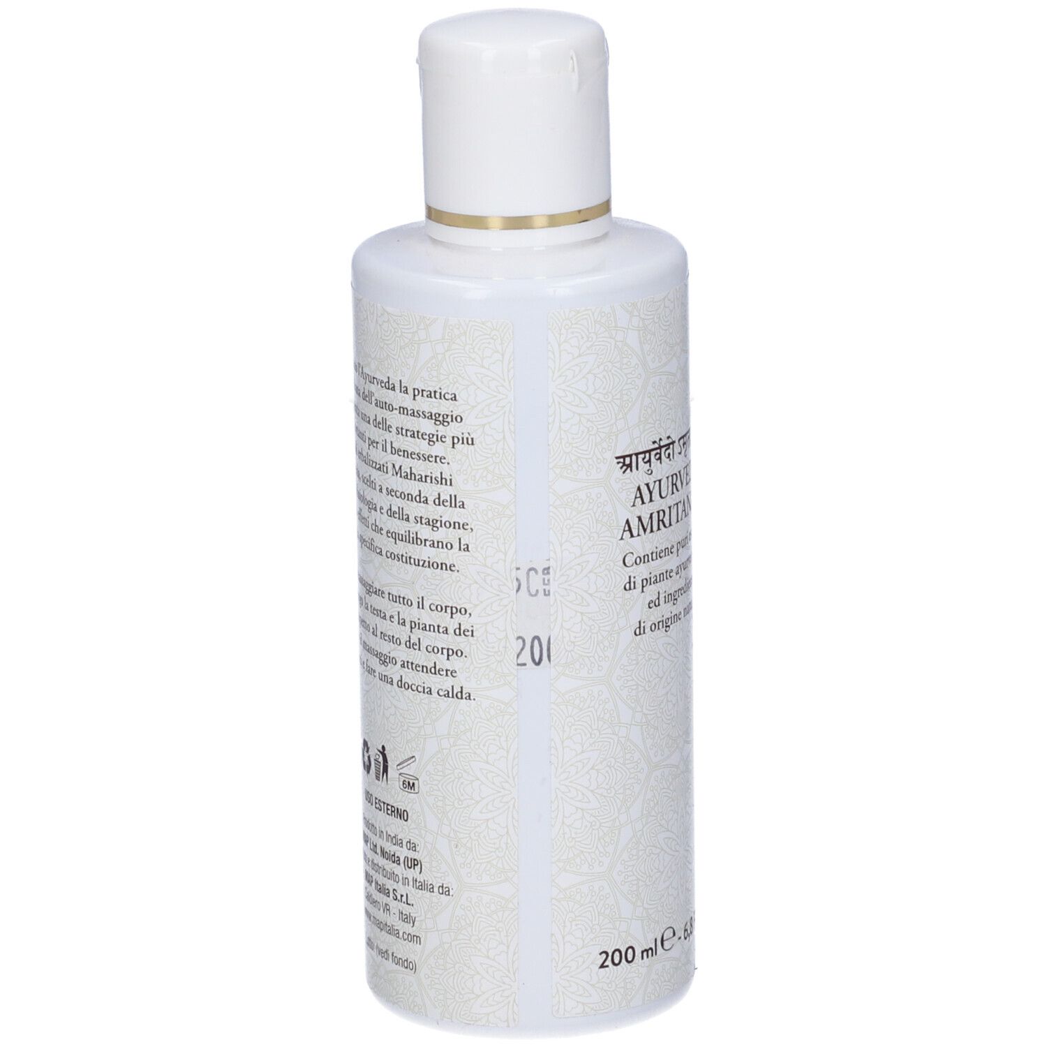 Flacone bianco con tappo bianco. Testo: Ayurveda Amritanam. Retro con testo. 200 ml.