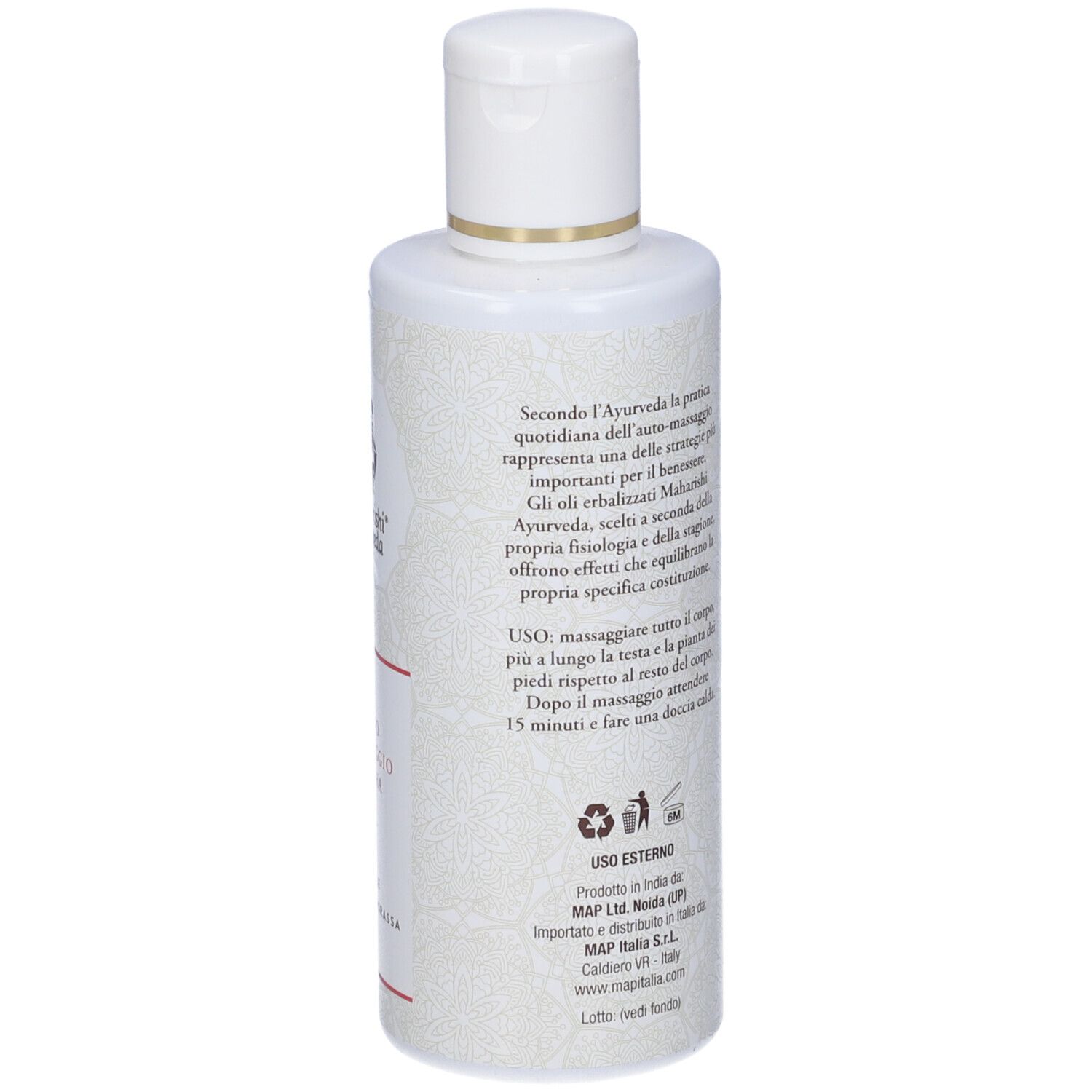 Flacone bianco con tappo bianco. Testo sul retro. 200 ml. Con testo sull'uso.