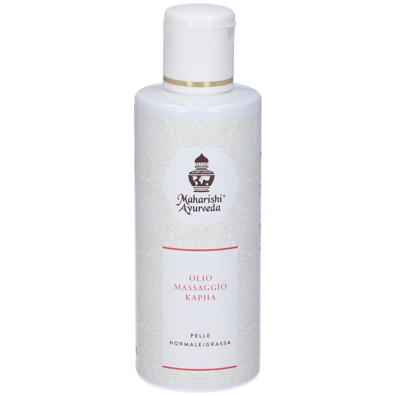 Flacone bianco con tappo bianco. Testo: Olio Massaggio Kapha. Per pelli normali/grasse. Marca: Maharishi Ayurveda.