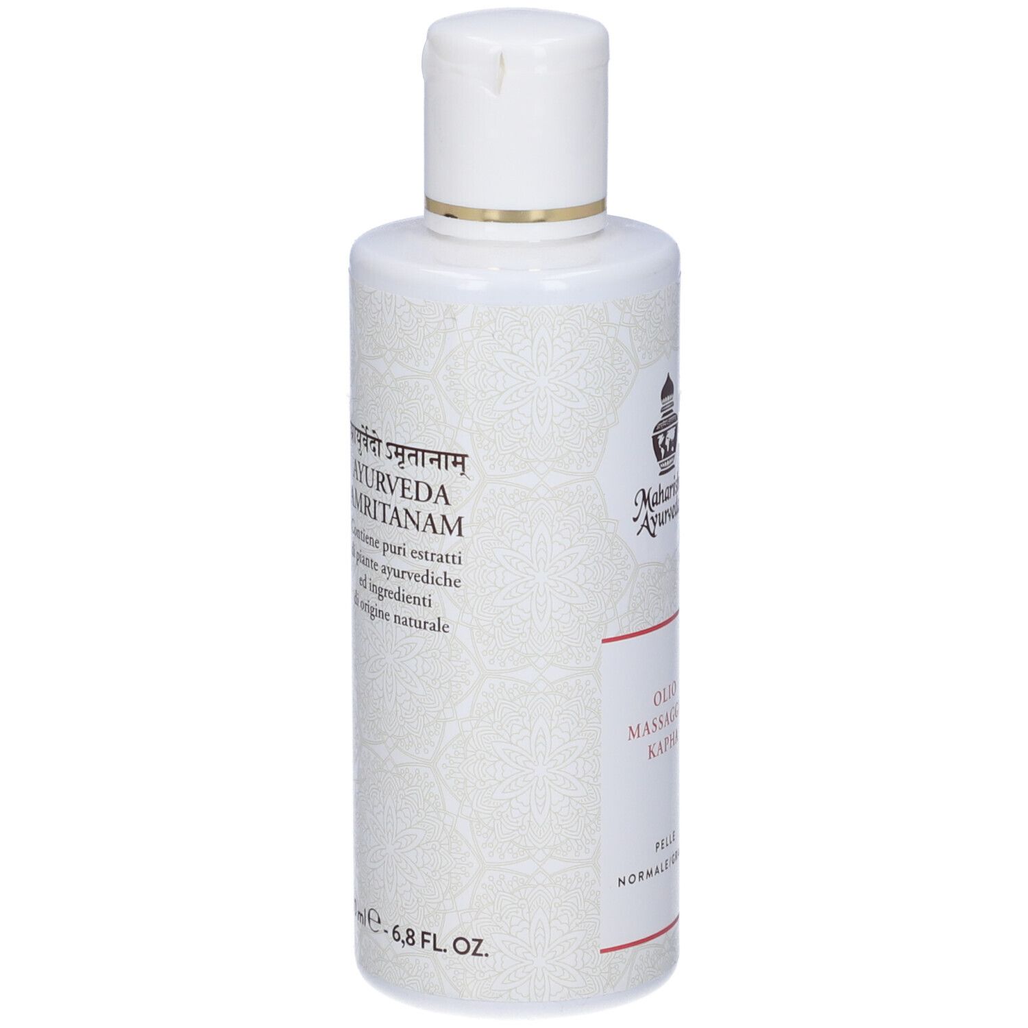 Flacone bianco con tappo bianco. Testo: Ayurveda Amritanam. Contiene estratti di piante ayurvediche. 200 ml.