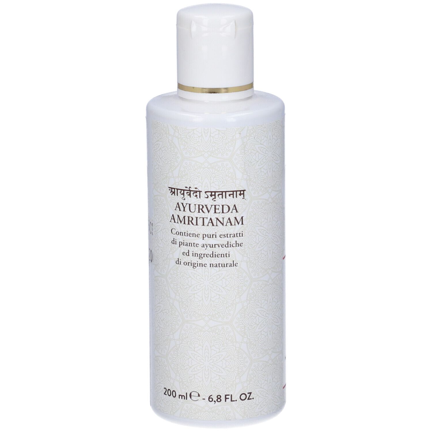 Flacone bianco con tappo bianco. Testo: Ayurveda Amritanam. Contiene estratti di piante ayurvediche. 200 ml.