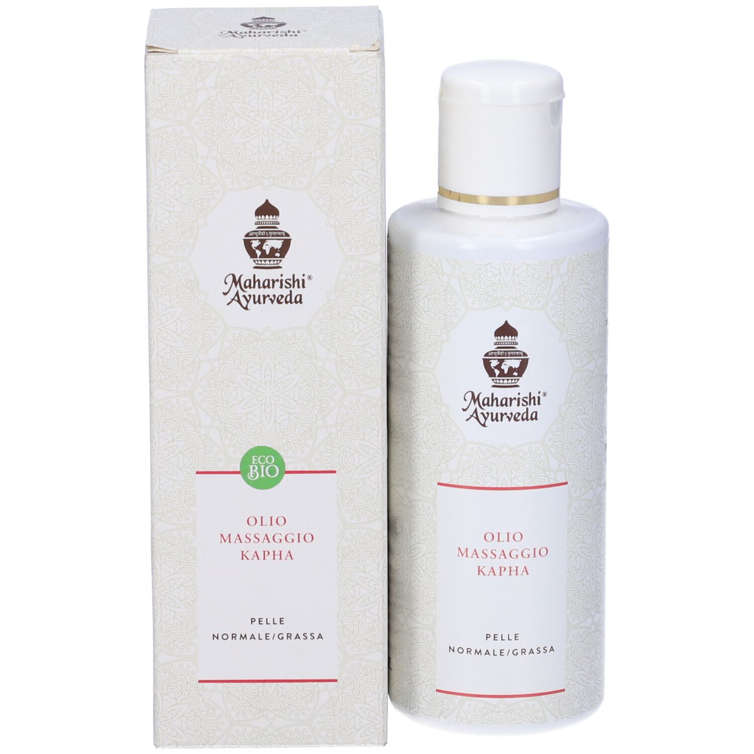 Flacone e confezione del prodotto. Testo: Olio Massaggio Kapha. Per pelli normali/grasse. Marca: Maharishi Ayurveda. Sigillo bio.