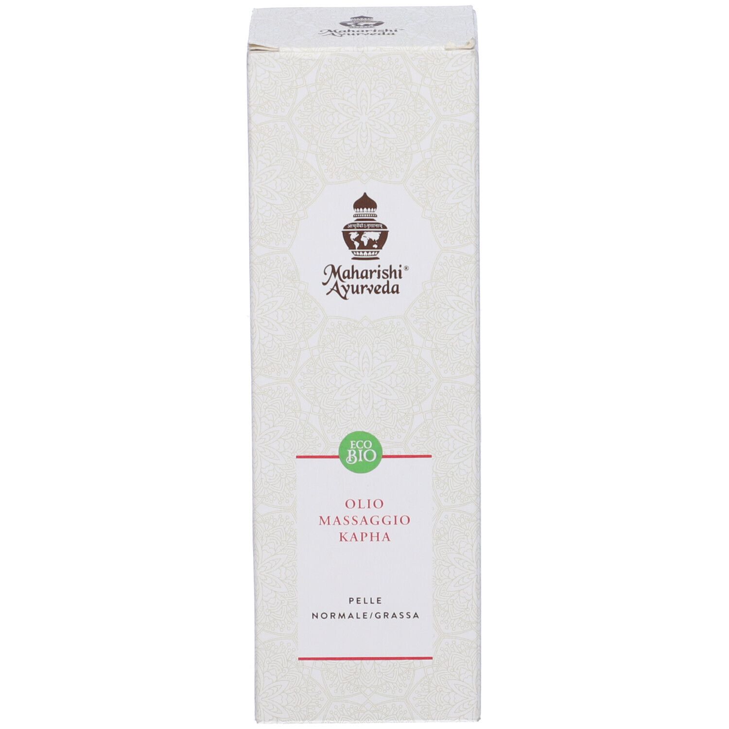 Confezione del prodotto. Testo: Olio Massaggio Kapha. Per pelli normali/grasse. Marca: Maharishi Ayurveda. Sigillo bio.