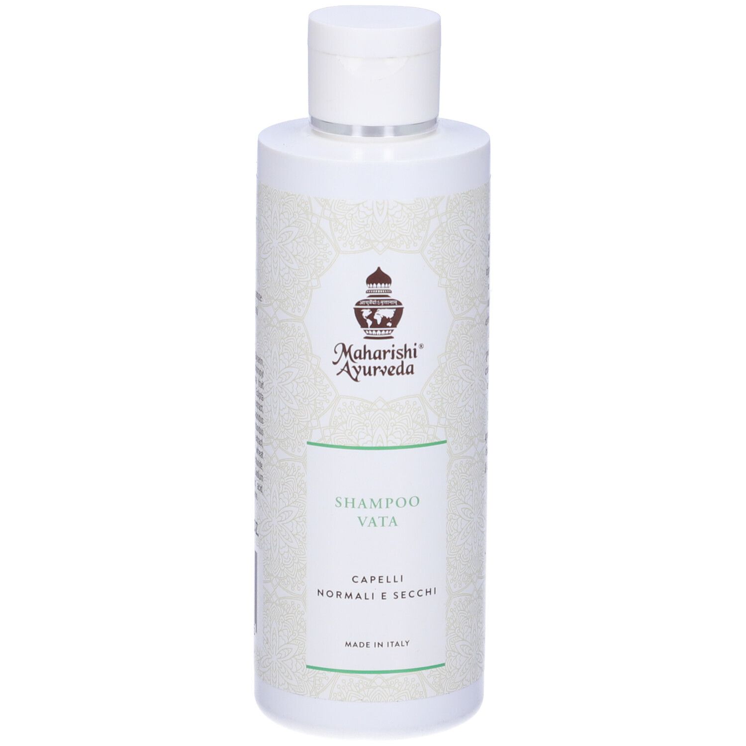 Flacone bianco Shampoo Vata. Marchio: Maharishi Ayurveda. Testo: Capelli Normali e Secchi.