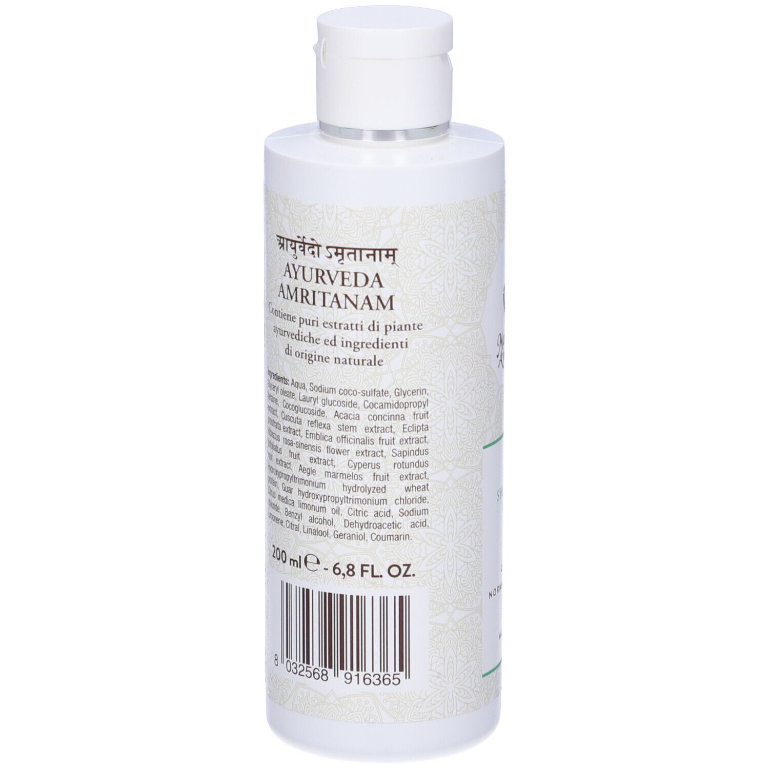 Retro del flacone di shampoo. Testo: Ayurveda Amritam. Ingredienti e informazioni produttore.