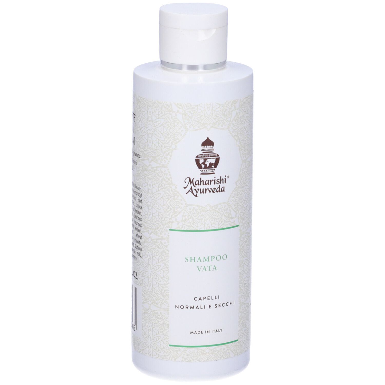 Flacone bianco Shampoo Vata. Marchio: Maharishi Ayurveda. Testo: Capelli Normali e Secchi.