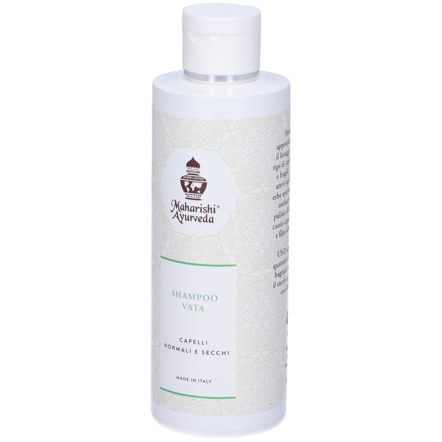 Flacone bianco Shampoo Vata. Marchio: Maharishi Ayurveda. Testo: Capelli Normali e Secchi.