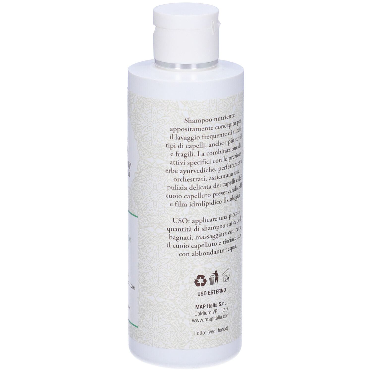 Retro del flacone di shampoo. Testo: Istruzioni per l'uso e informazioni sul produttore.
