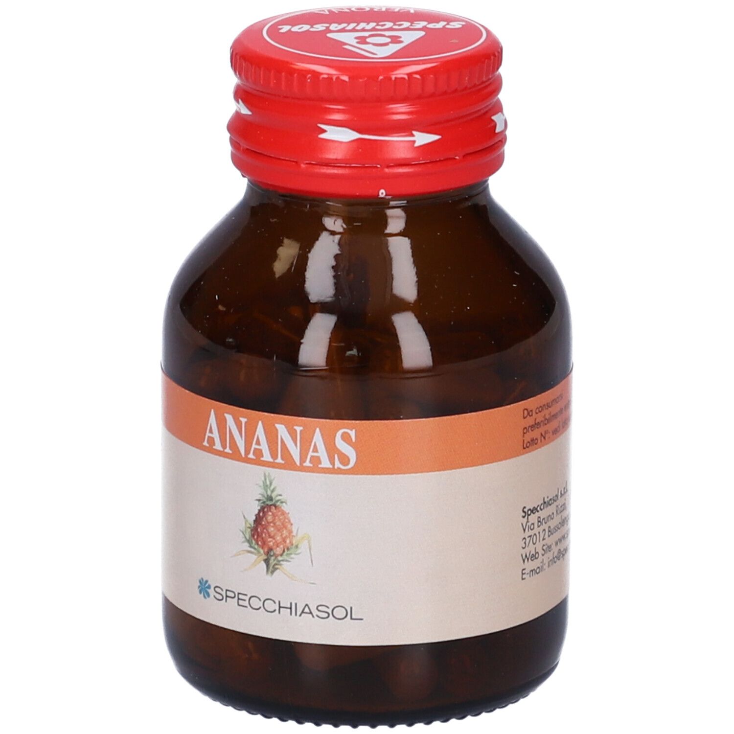 Flacone di vetro marrone con tappo rosso. Scritta ANANAS e logo Specchiasol. Contiene capsule. Testo sul retro.