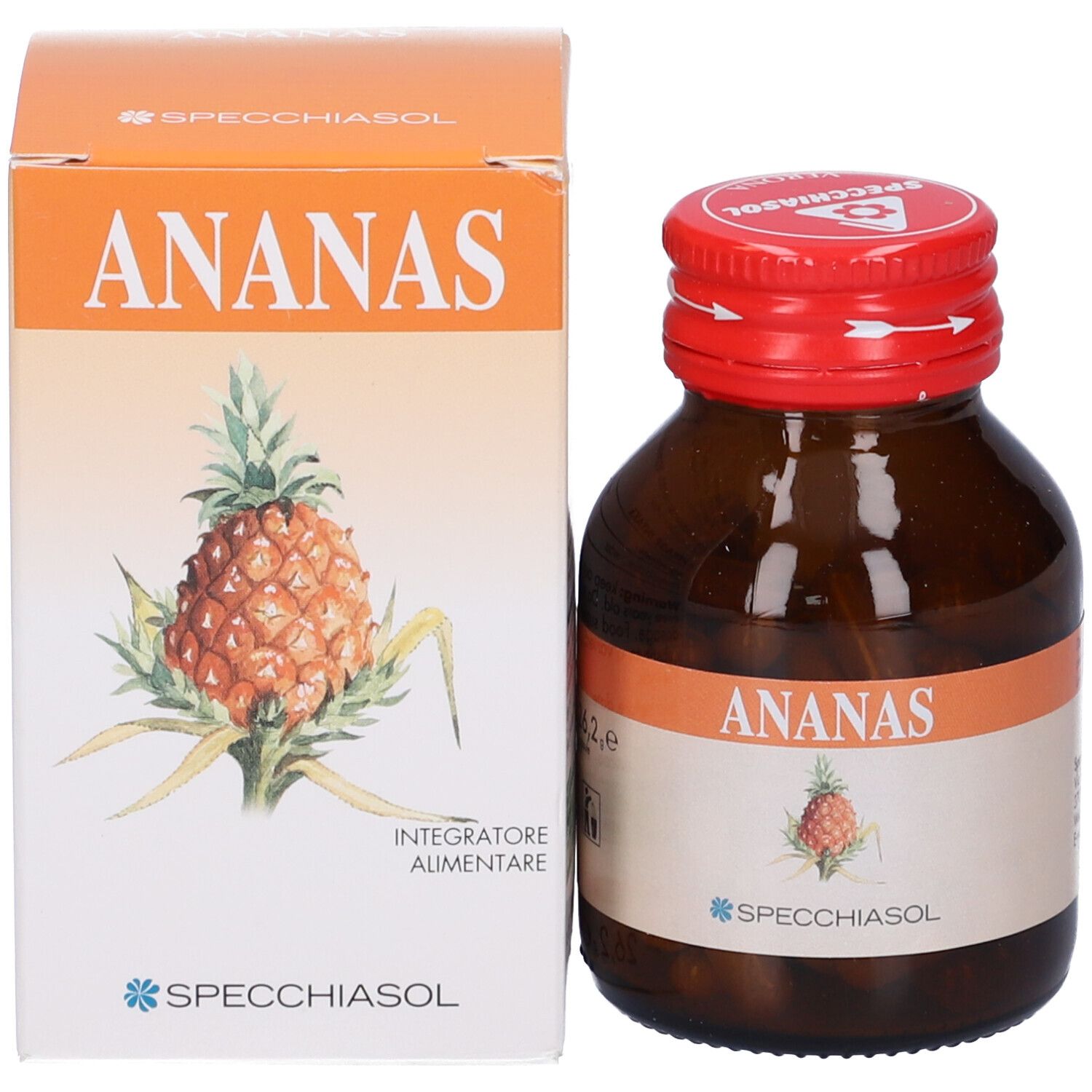 Flacone di vetro marrone con tappo rosso e confezione in cartone. Scritta ANANAS e logo Specchiasol. Contiene capsule.