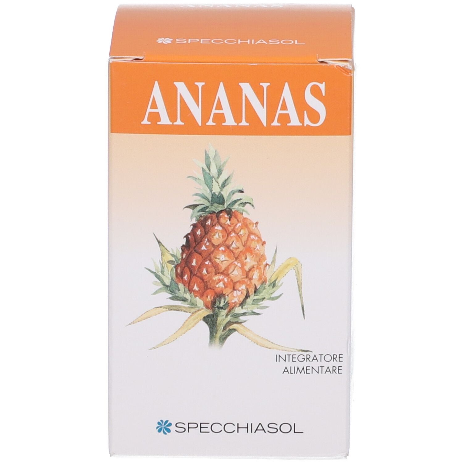 Confezione in cartone con scritta ANANAS e immagine di ananas. Marchio: Specchiasol. Testo: Integratore Alimentare.