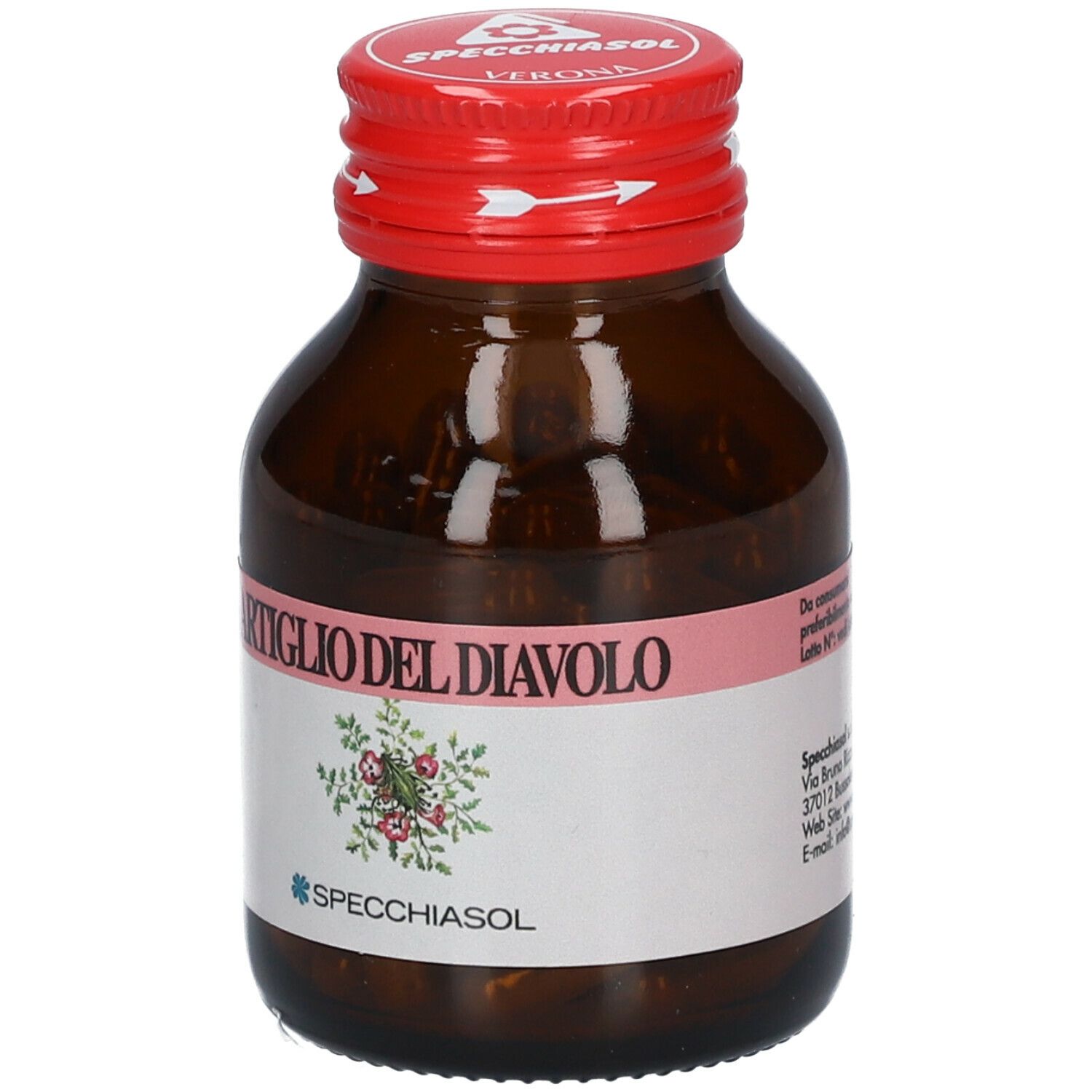 Braune Glasflasche mit rotem Deckel. Etikett mit Text und Logo. SPECCHIASOL Artiglio del Diavolo.