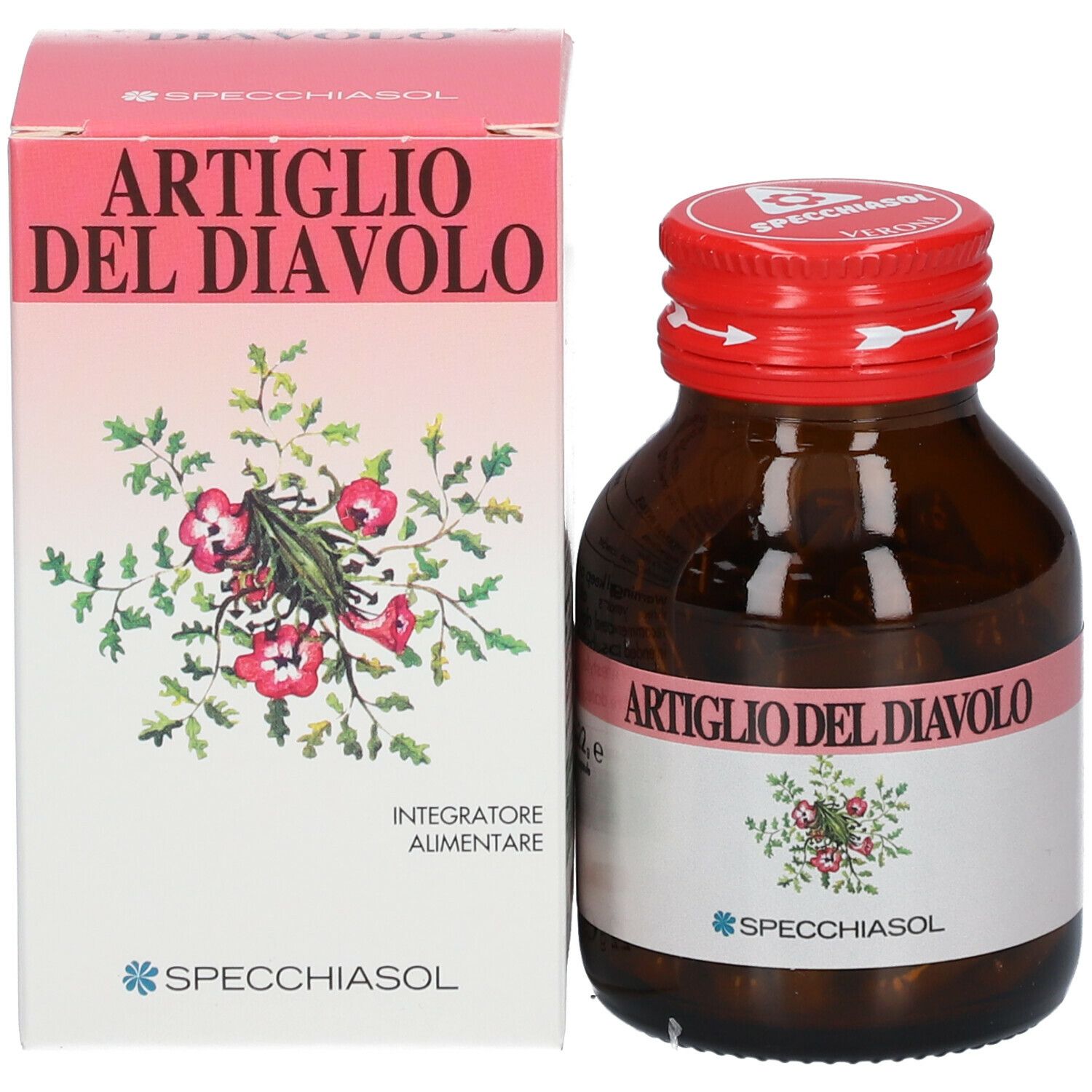 Produkt und Verpackung. SPECCHIASOL Artiglio del Diavolo. Braune Flasche und Karton. Logo und Text.