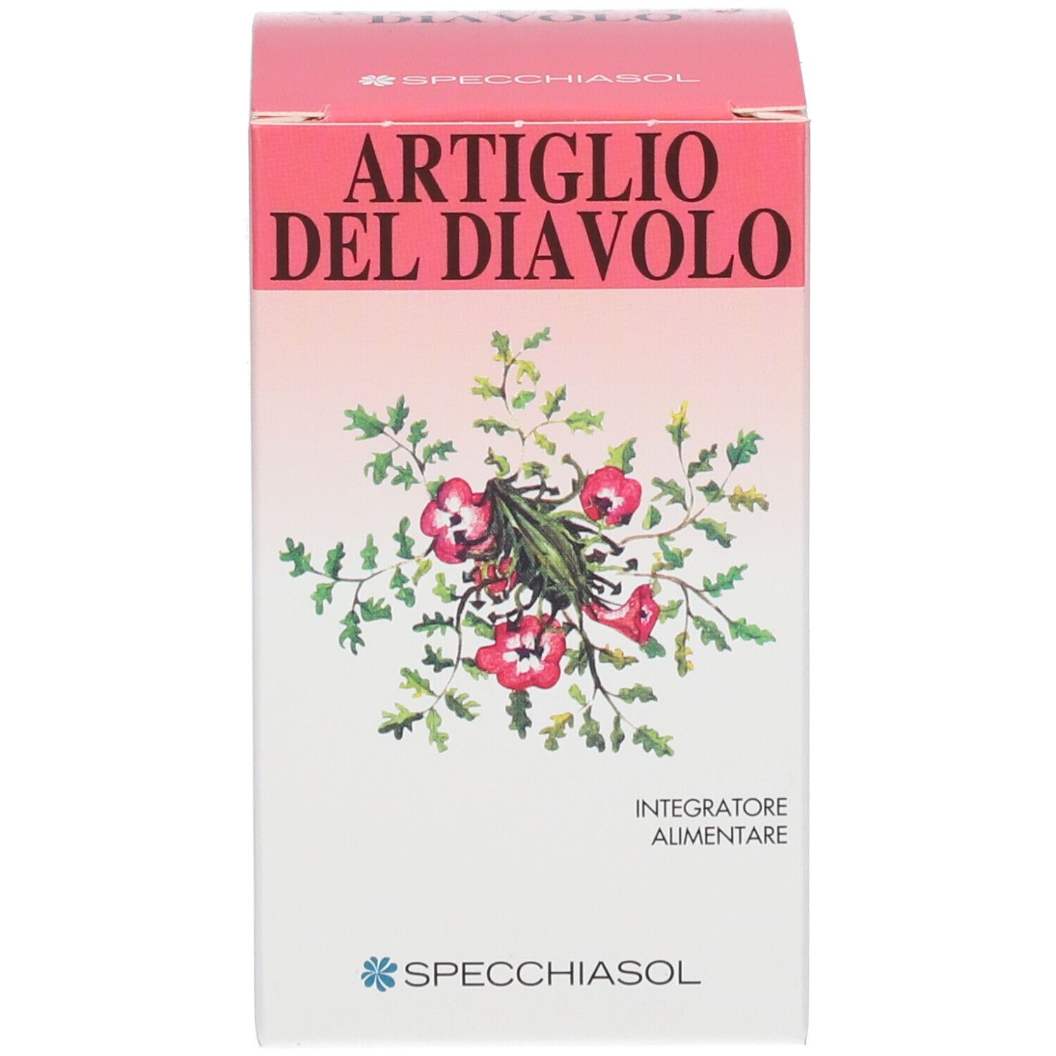 Kartonverpackung. SPECCHIASOL Artiglio del Diavolo. Logo und Text. Rosa und weiß.