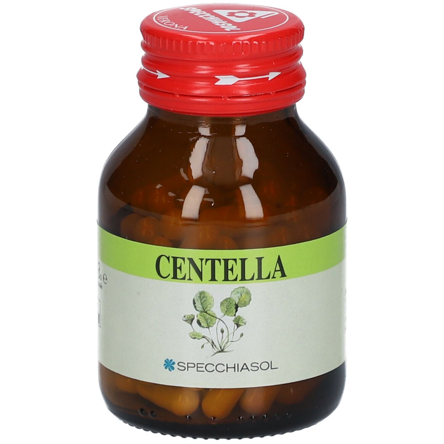 Flacone di vetro marrone con tappo rosso. Etichetta "Centella" e illustrazione pianta. Marchio SPECCHIASOL.