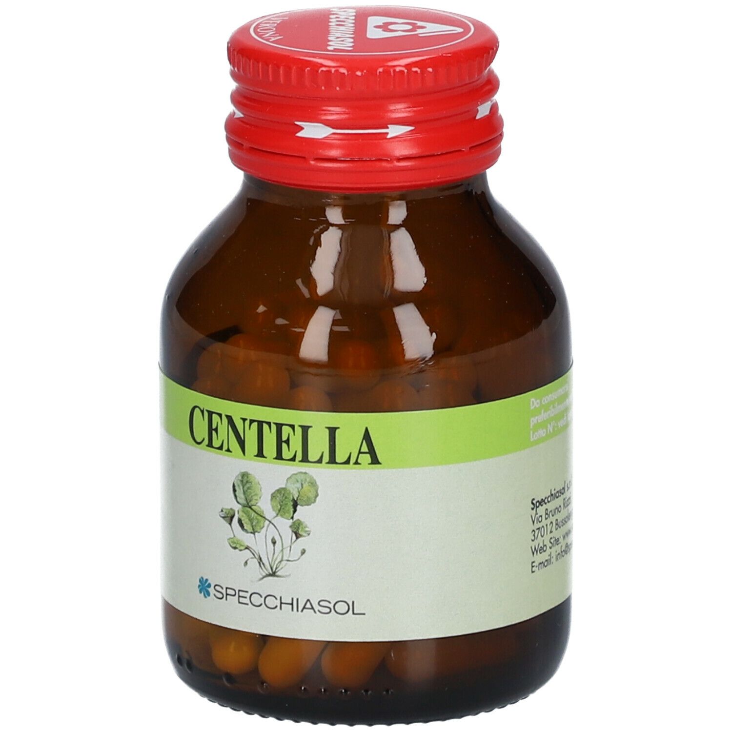 Flacone vetro marrone con tappo rosso. Etichetta "Centella" e illustrazione pianta. Marchio SPECCHIASOL.