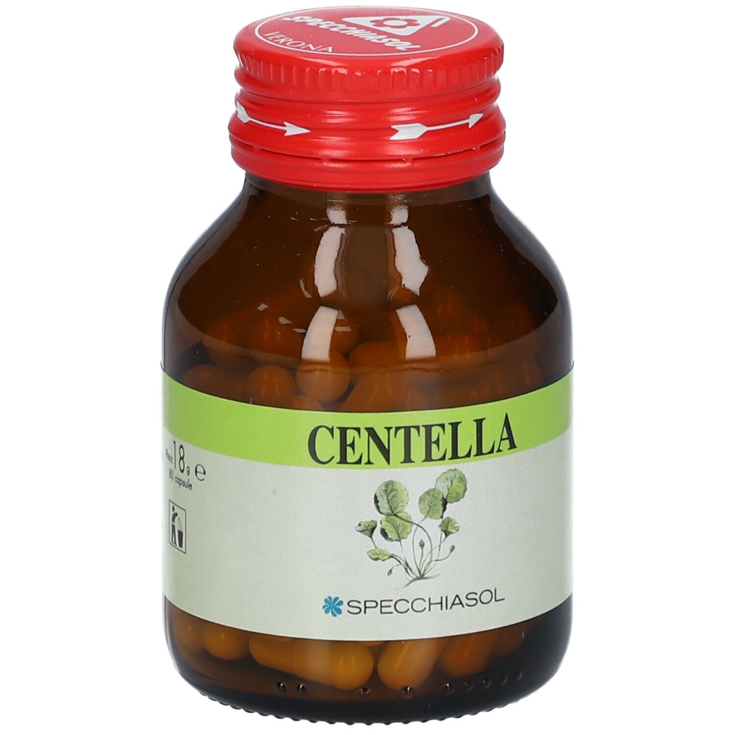 Flacone vetro marrone con tappo rosso. Etichetta "Centella" e illustrazione pianta. Marchio SPECCHIASOL.