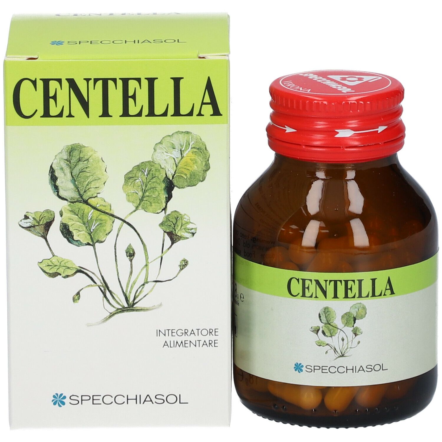 Confezione e flacone. Confezione con "Centella" e illustrazione pianta. Flacone con "Centella". Marchio SPECCHIASOL.