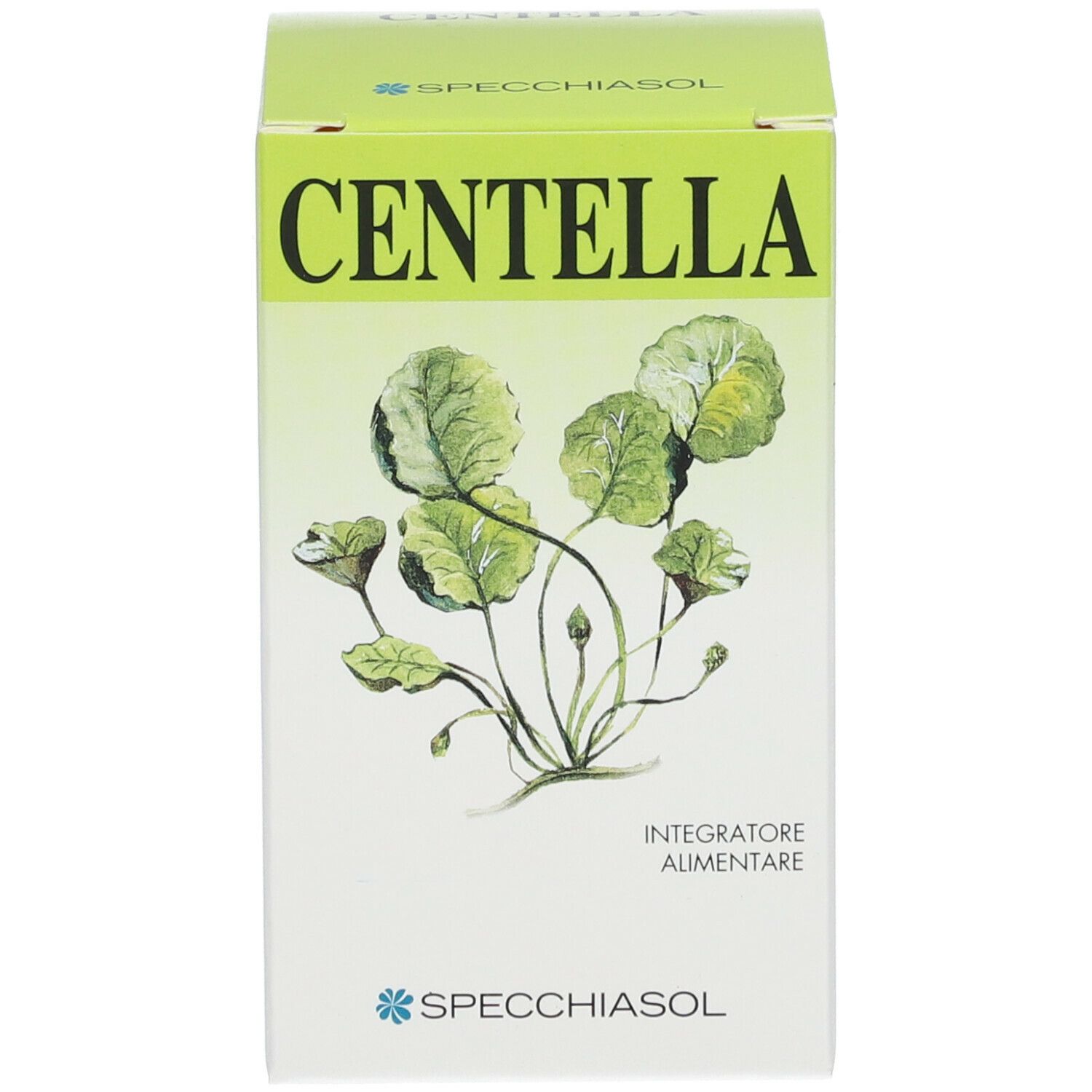 Confezione con "Centella" e illustrazione pianta. Marchio SPECCHIASOL. Scritta: Integratore Alimentare.
