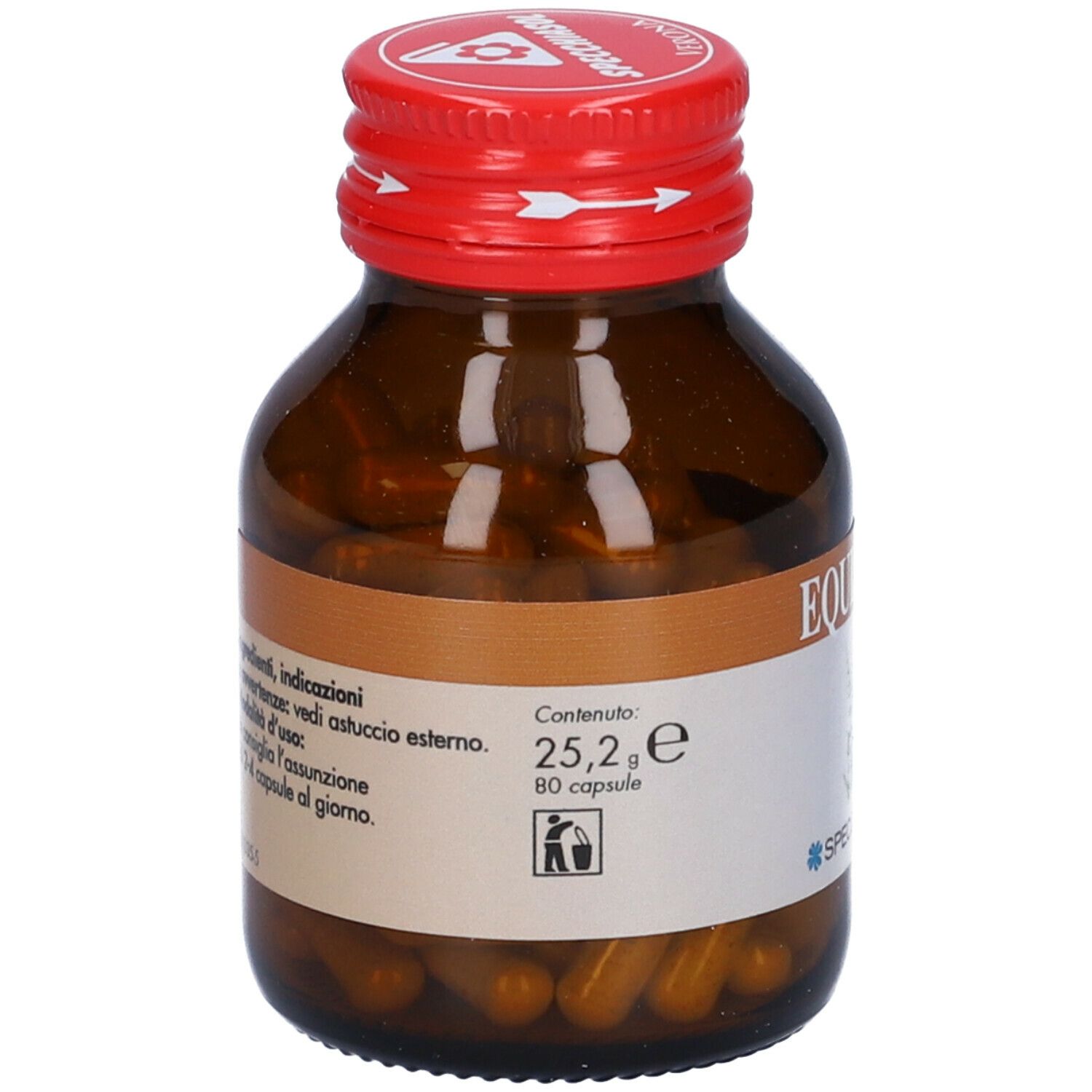 Flacon en verre brun avec bouchon rouge. Étiquette "EQUISETO", indication de contenu et pictogramme. Capsules visibles. Marque: Specchiasol.