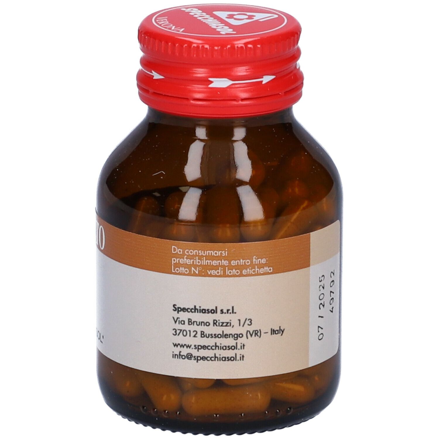 Flacon en verre brun avec bouchon rouge. Étiquette "EQUISETO", adresse du fabricant et date de péremption. Capsules visibles. Marque: Specchiasol.