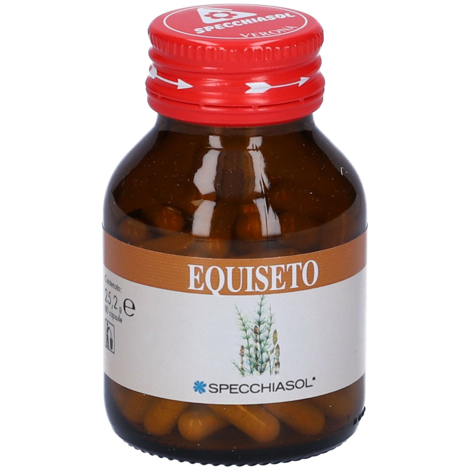 Flacon en verre brun avec bouchon rouge. Étiquette "EQUISETO" et illustration de plante. Capsules visibles. Marque: Specchiasol.