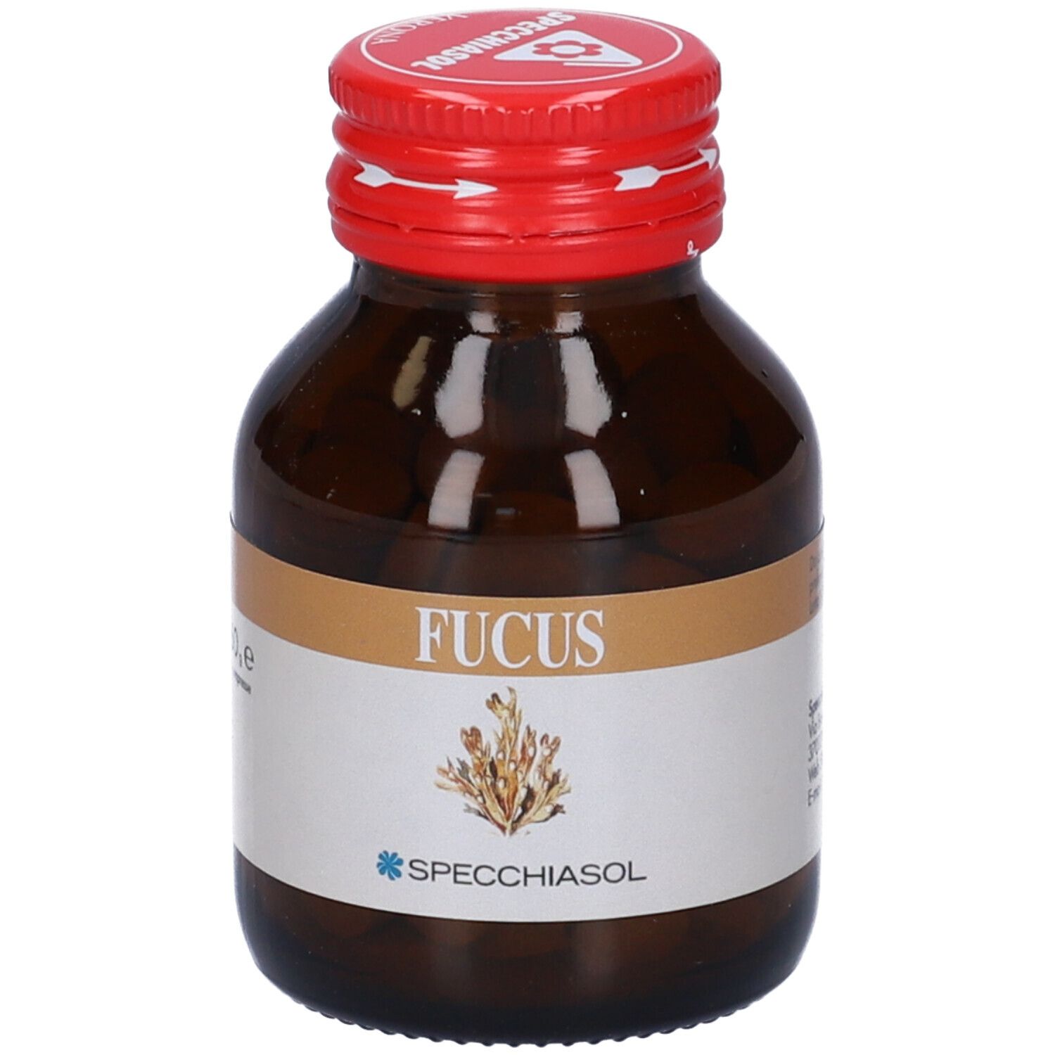 Flacone di vetro marrone con tappo rosso. Scritta: Fucus. Marchio: Specchiasol. Illustrazione di alghe.