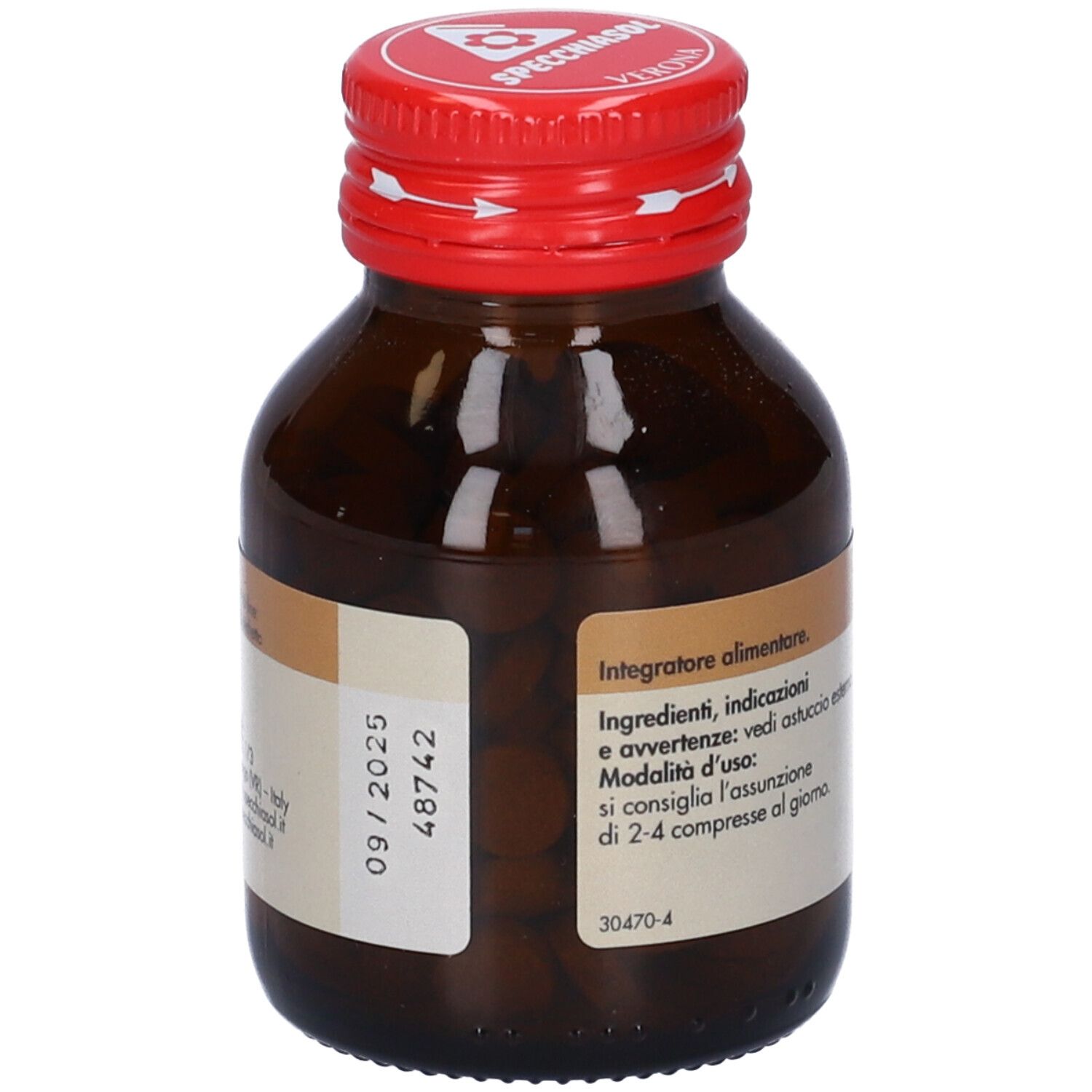 Flacone di vetro marrone con tappo rosso. Scritta: Fucus. Marchio: Specchiasol. Compresse visibili. Etichetta con testo.
