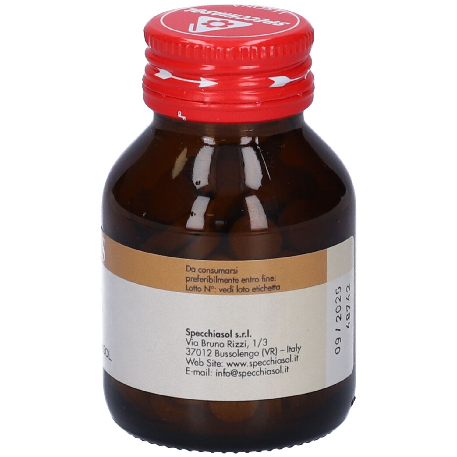 Flacone di vetro marrone con tappo rosso. Scritta: Fucus. Marchio: Specchiasol. Compresse visibili. Etichetta con testo.