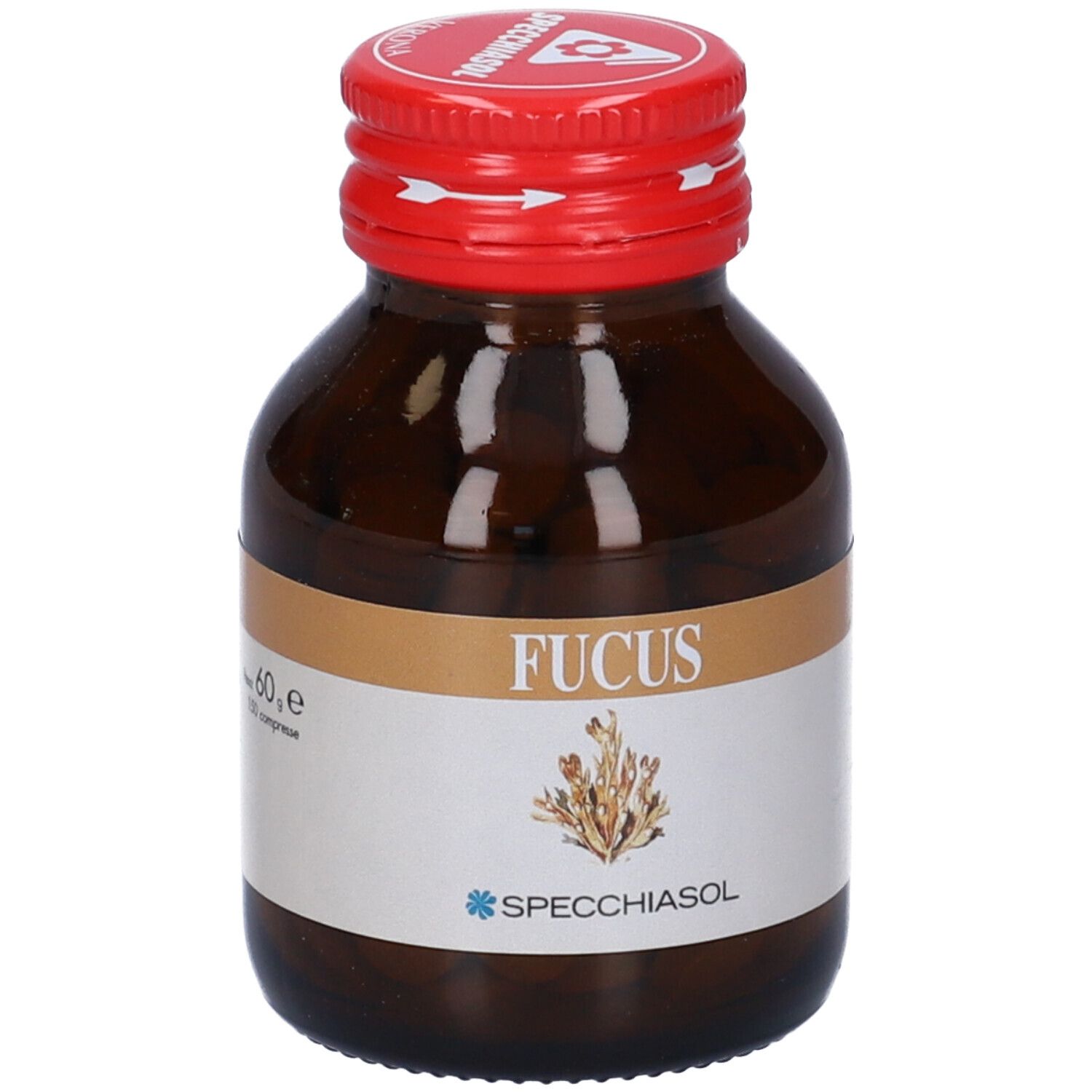 Flacone di vetro marrone con tappo rosso. Scritta: Fucus. Marchio: Specchiasol. Illustrazione di alghe.