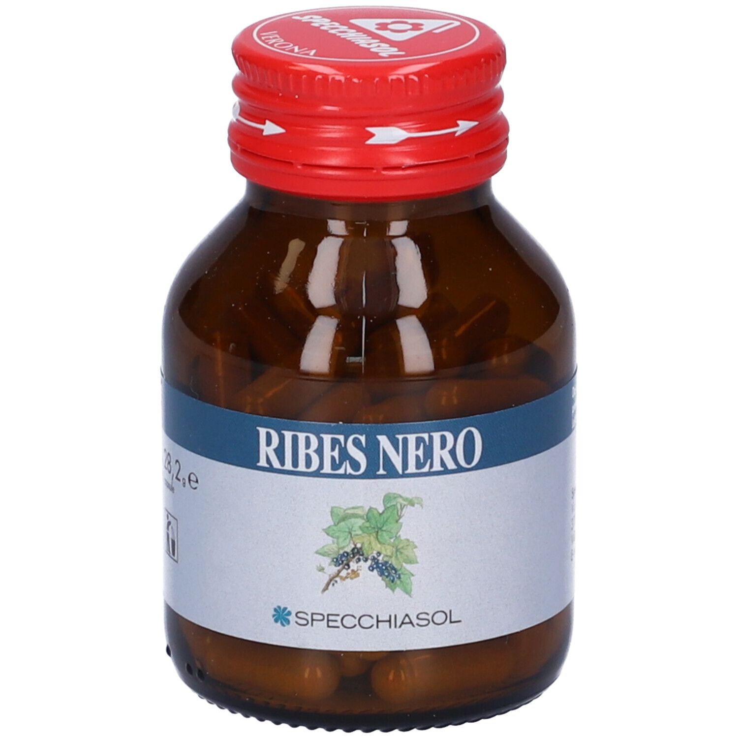 Flacone vetro marrone, tappo rosso. Scritta Ribes Nero. Marchio Specchiasol. Capsule visibili.