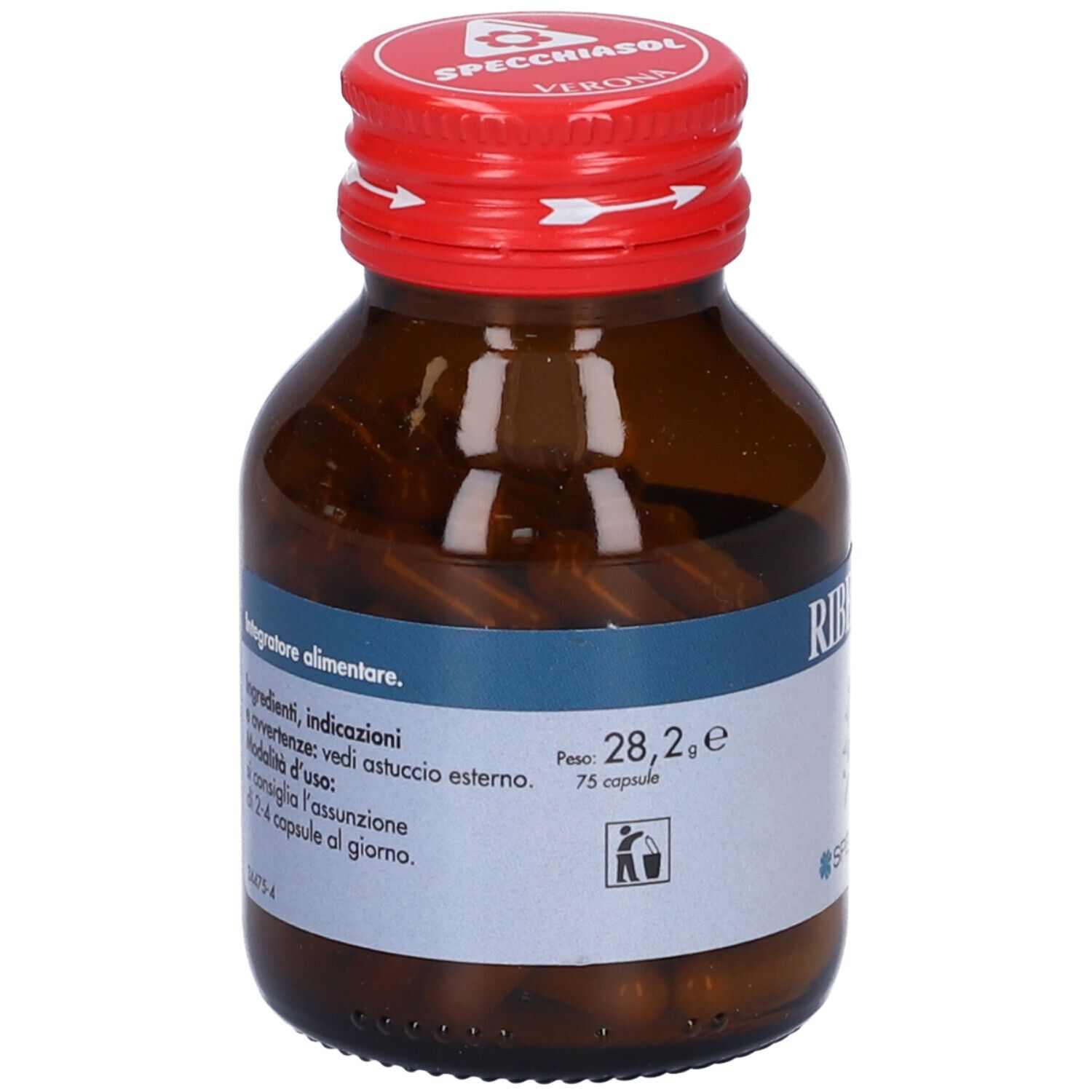 Flacone vetro marrone, tappo rosso. Scritta Ribes Nero. Marchio Specchiasol. Capsule visibili.