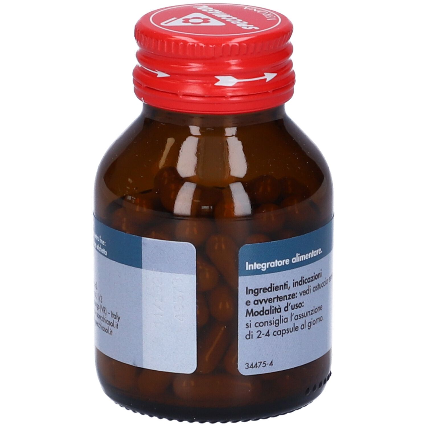 Flacone vetro marrone, tappo rosso. Scritta Ribes Nero. Marchio Specchiasol. Capsule visibili.