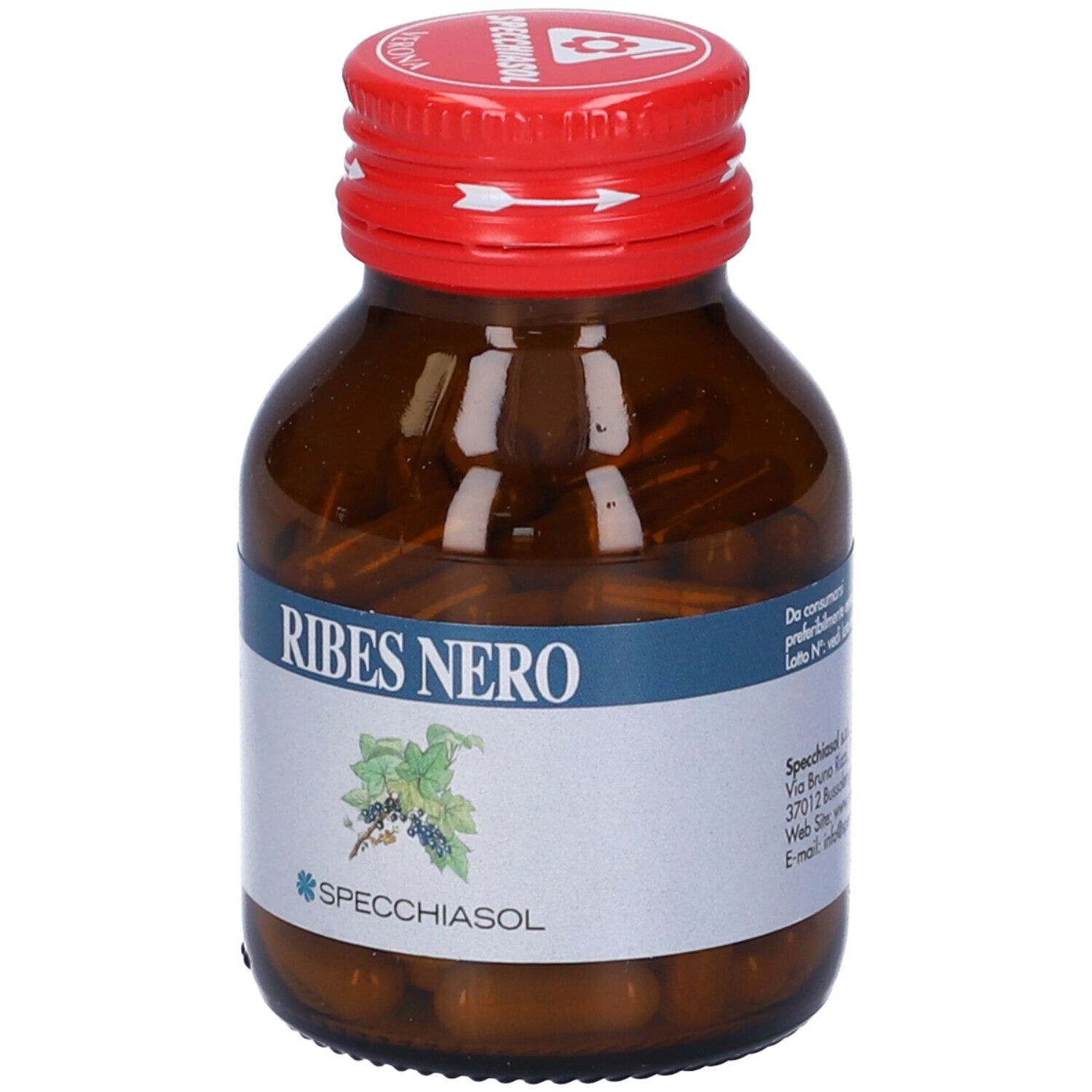 Flacone vetro marrone, tappo rosso. Scritta Ribes Nero. Marchio Specchiasol. Capsule visibili.