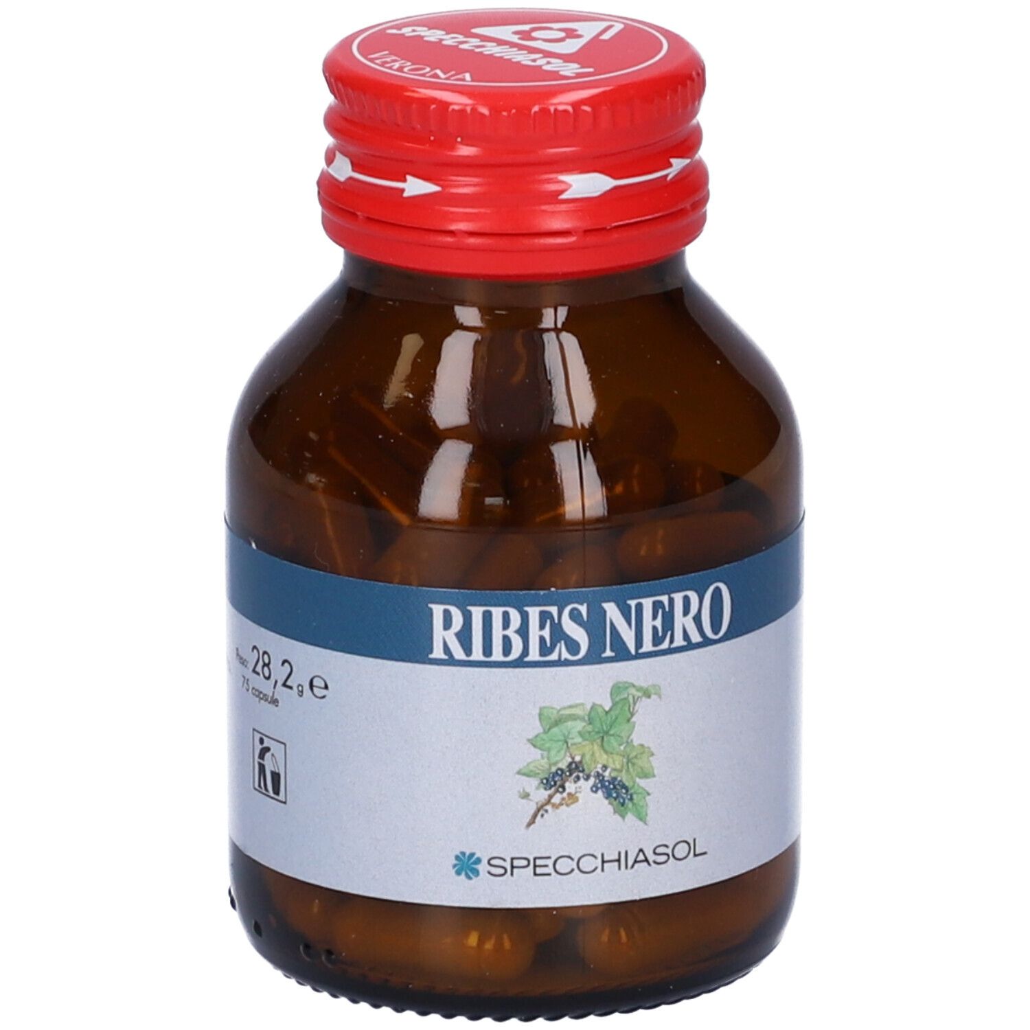 Flacone vetro marrone, tappo rosso. Scritta Ribes Nero. Marchio Specchiasol. Capsule visibili.