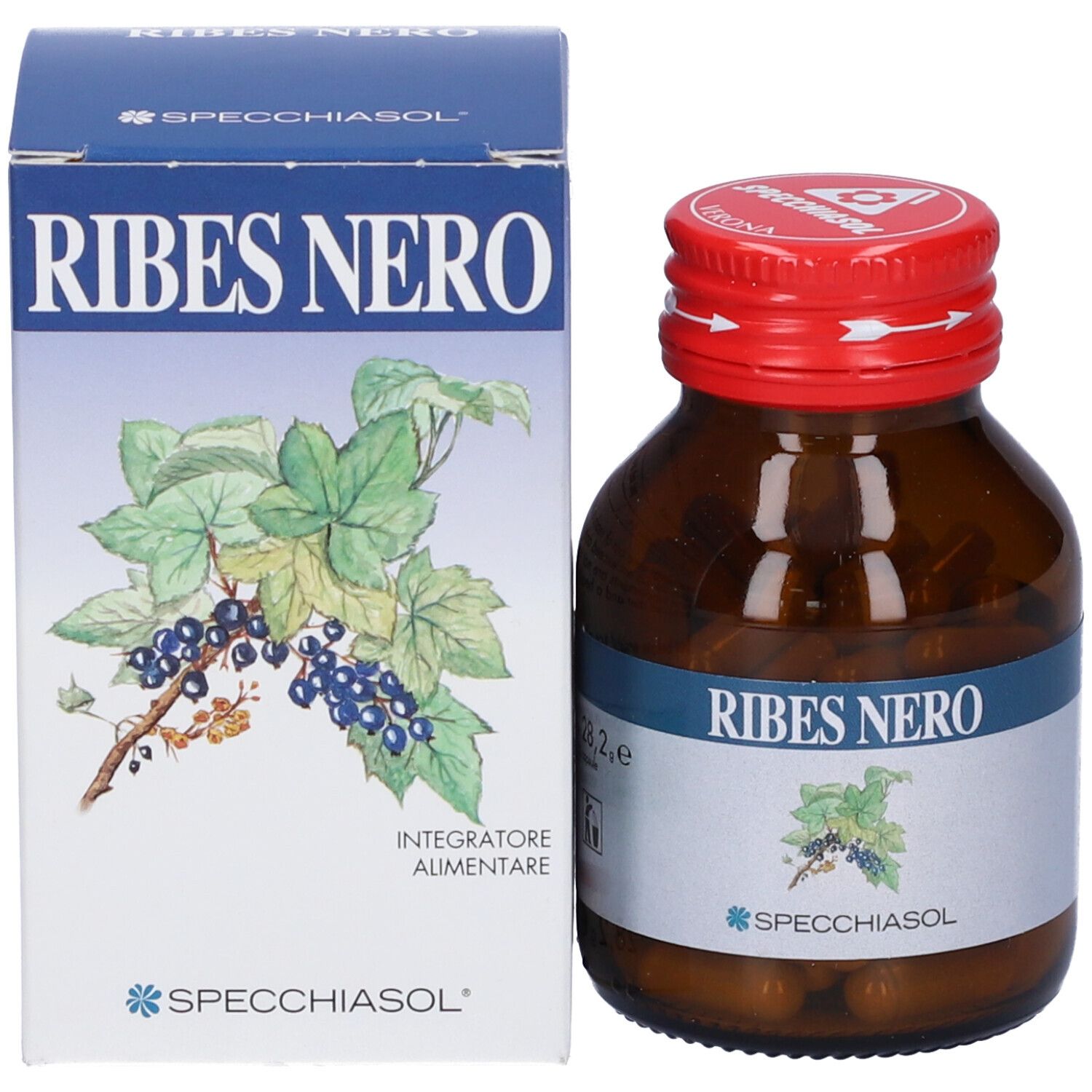 Flacone vetro marrone e scatola. Scritta Ribes Nero. Marchio Specchiasol. Capsule visibili.