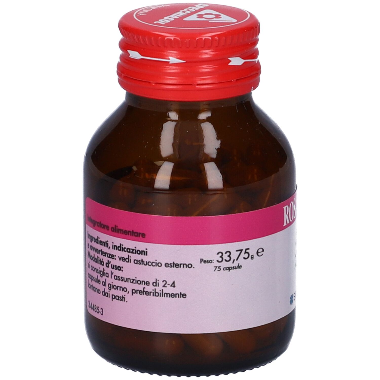 Flacone di vetro marrone con tappo rosso. Etichetta con informazioni e "Rosa Canina".