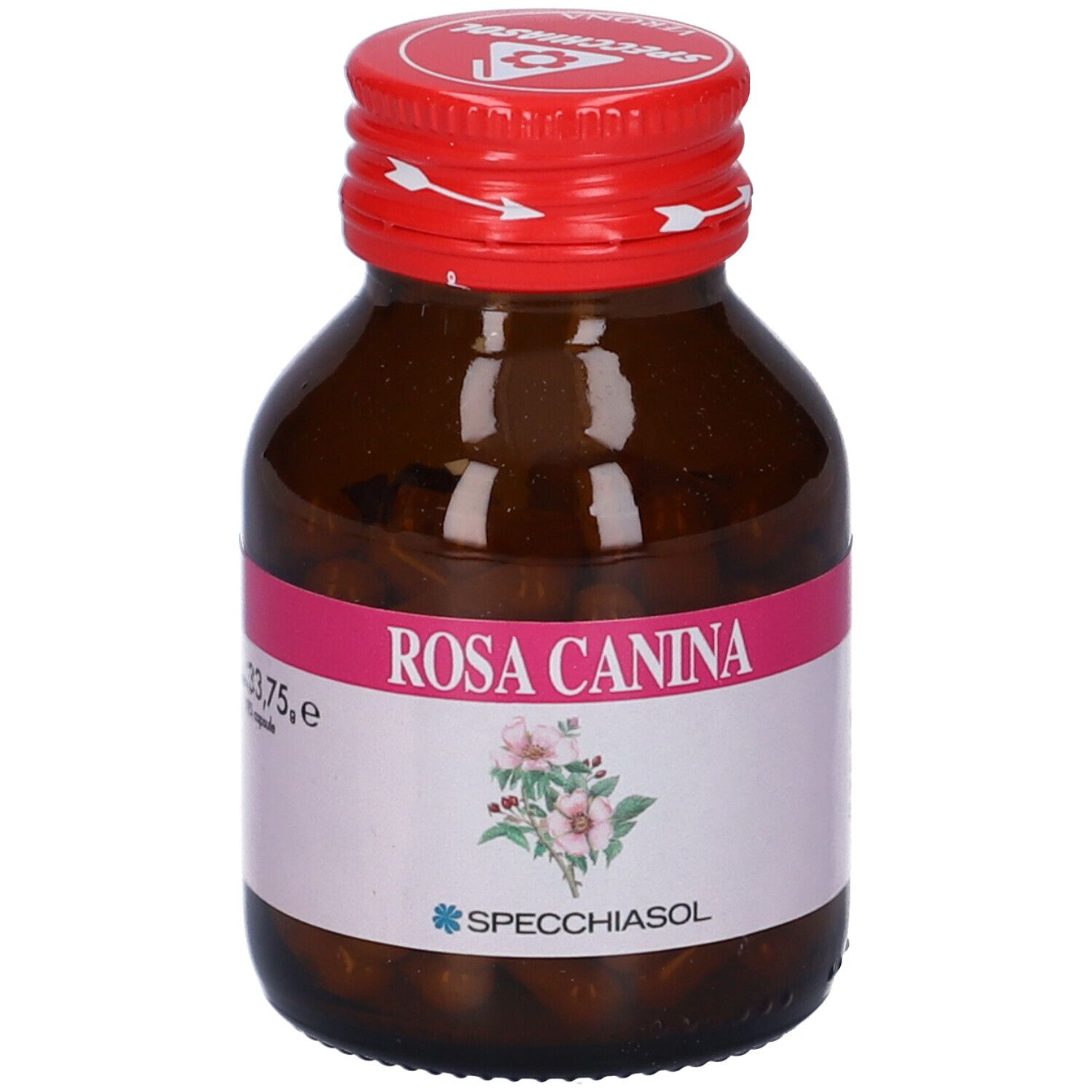 Flacone di vetro marrone con tappo rosso. Etichetta con informazioni e "Rosa Canina".