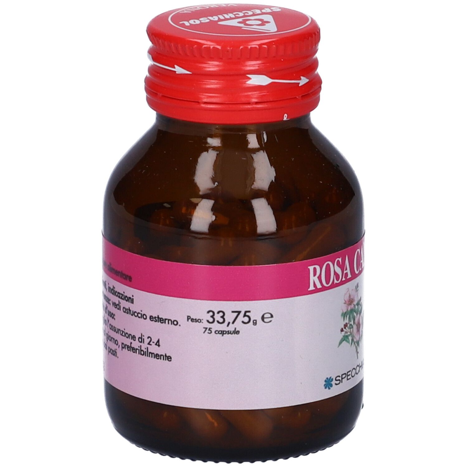 Flacone di vetro marrone con tappo rosso. Etichetta con informazioni e "Rosa Canina".