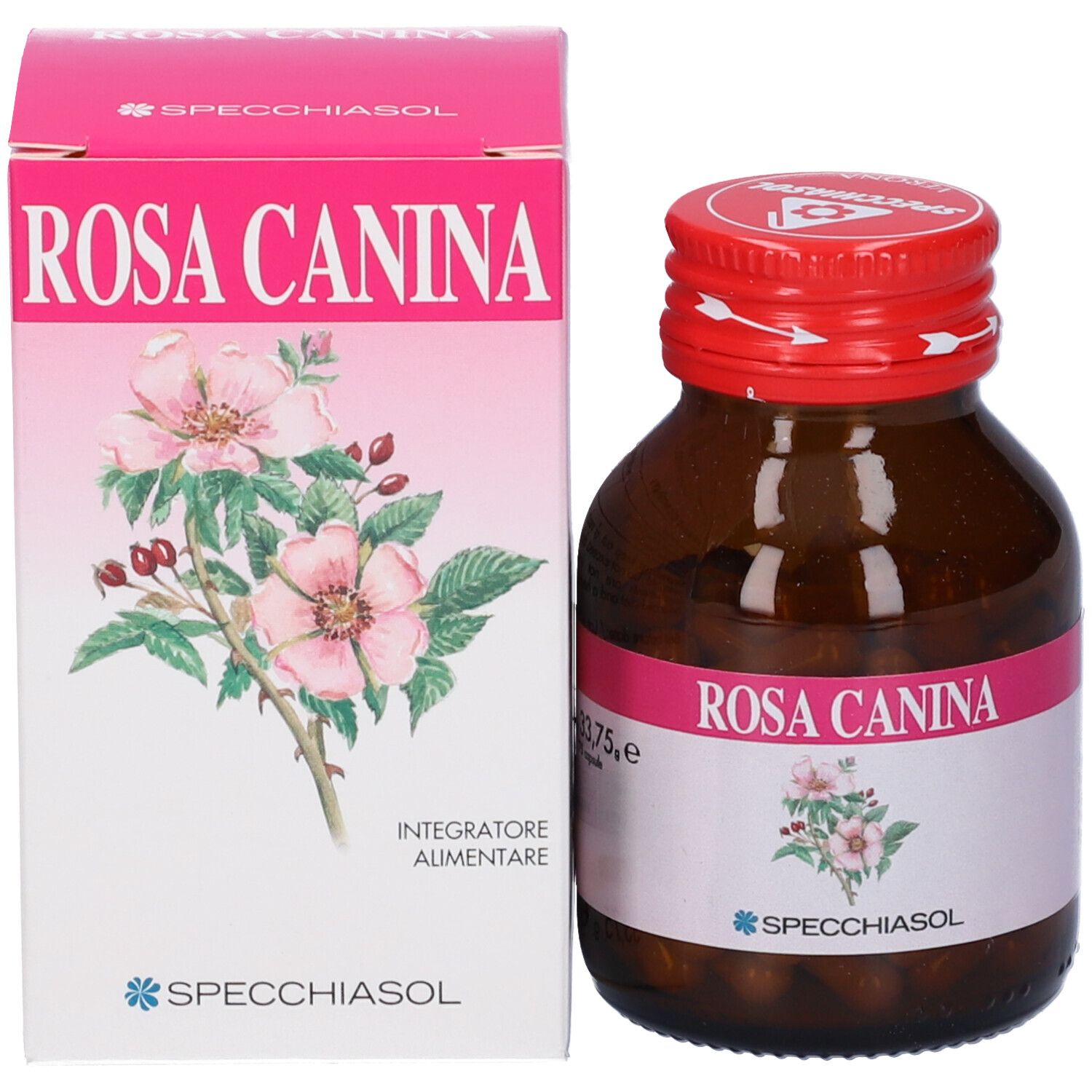Confezione e flacone. Confezione con "Rosa Canina" e immagine del prodotto.