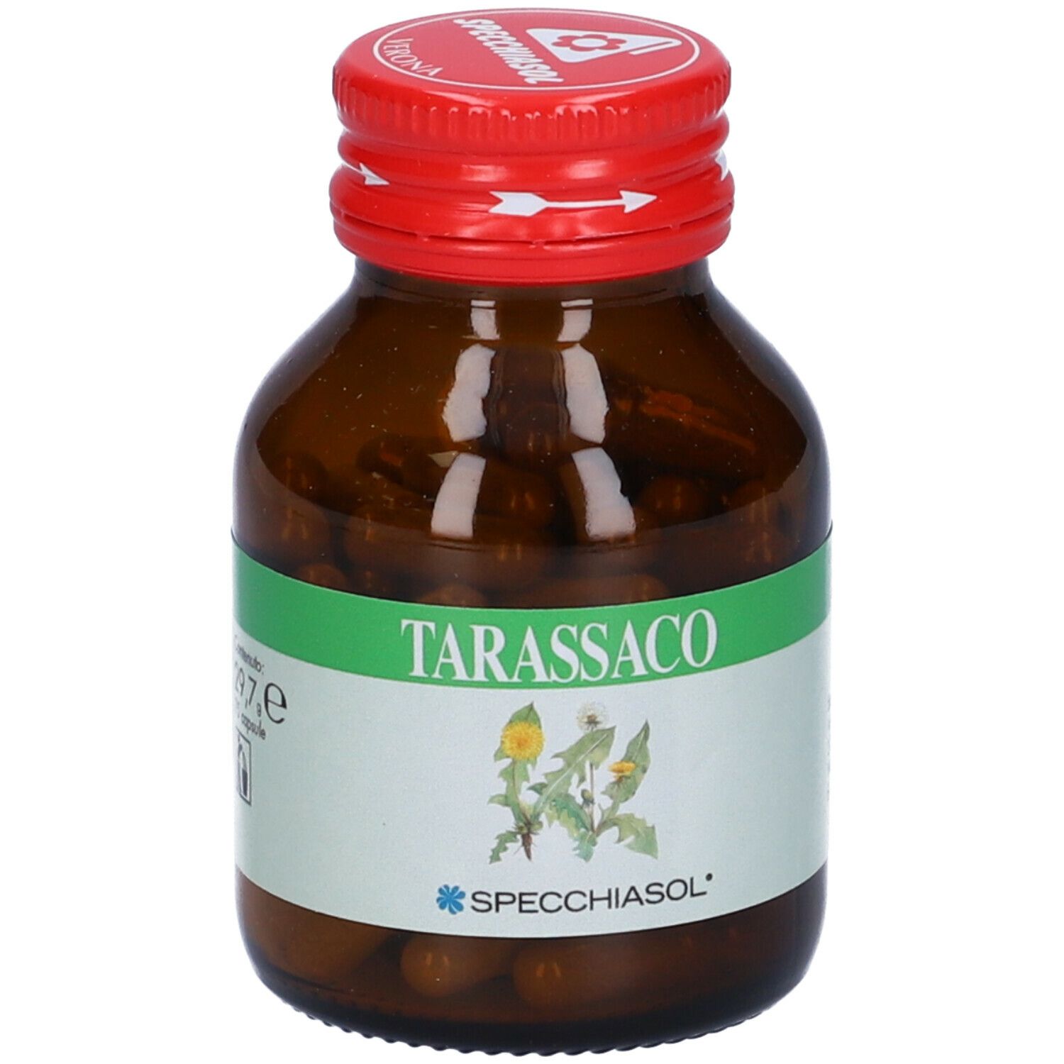 Flacone vetro marrone con tappo rosso. Etichetta Tarassaco, illustrazione pianta e marchio Specchiasol.