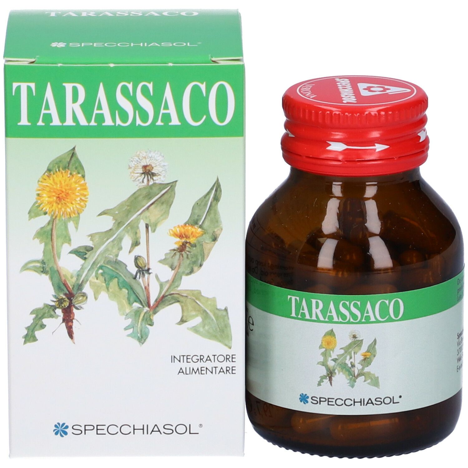 Confezione e flacone. Confezione con scritta Tarassaco, illustrazione pianta e marchio Specchiasol. Flacone accanto.